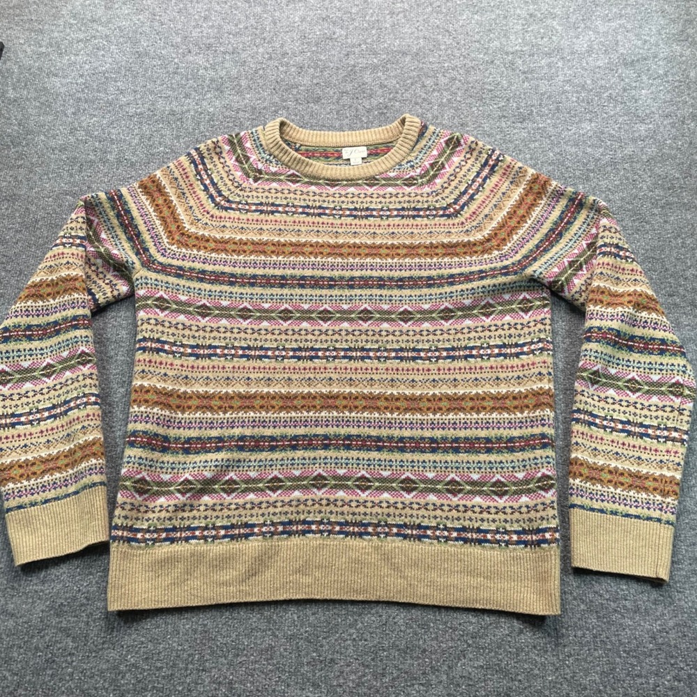 J.Crew Sweater Mens L Tan Fair Isle Lambswool Merino Wool AF188 Re-Imagined